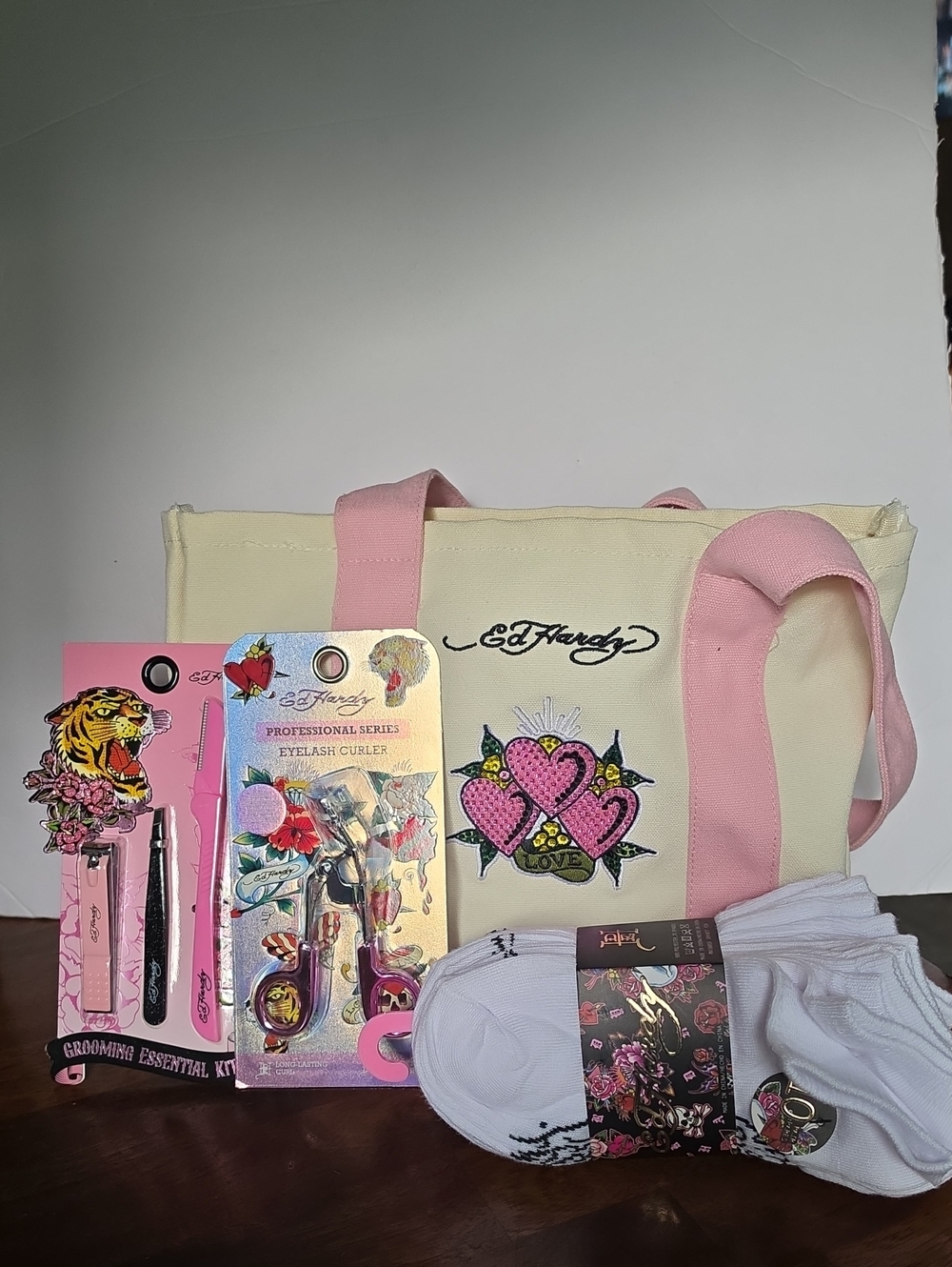 Ed Hardy Cream and Pink Tote with Matching Pink-Accent Beauty Kit